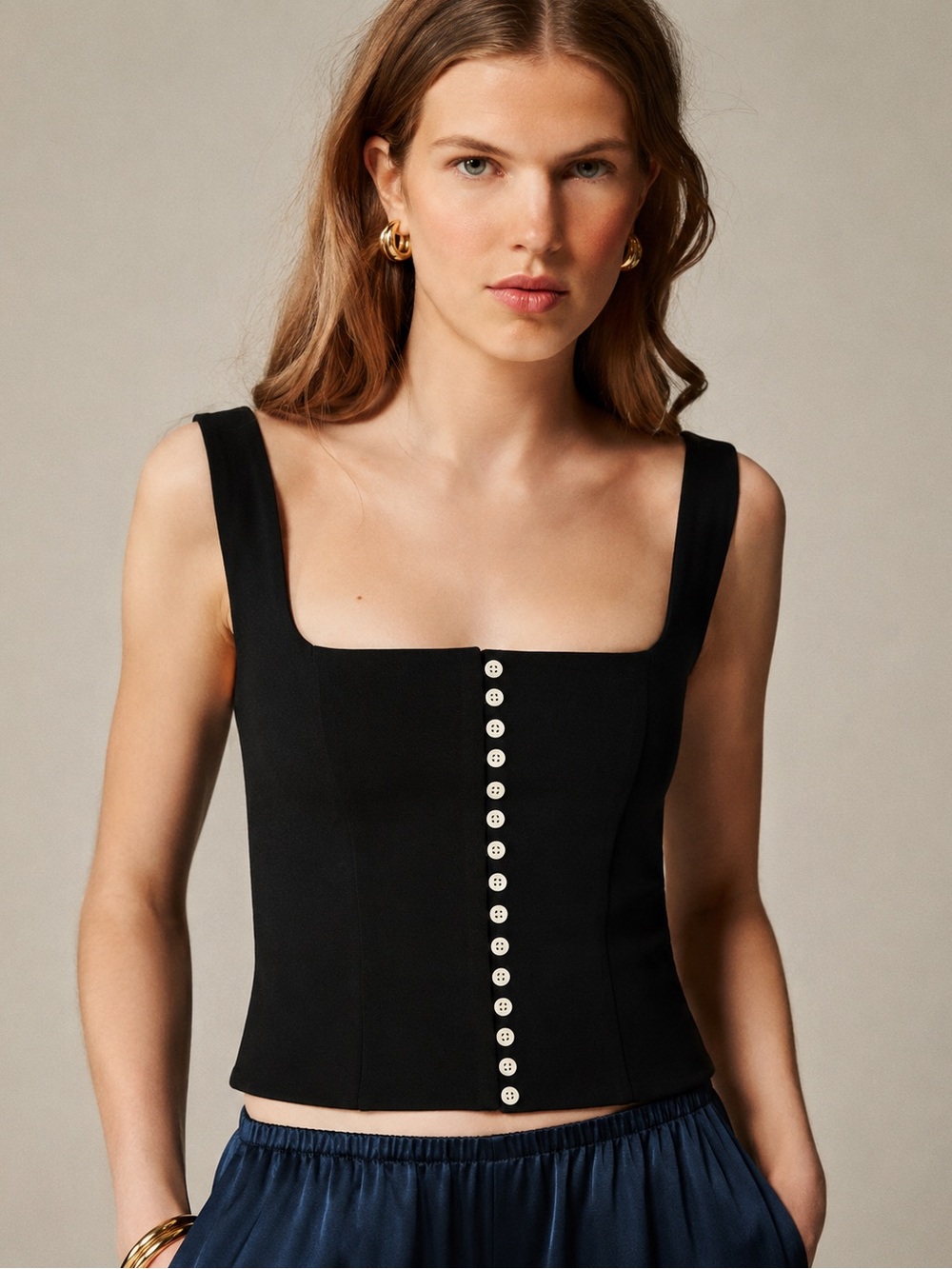 J. CREW Black Button Down Corset top in Stretch Ponte - Sz Small NWOT